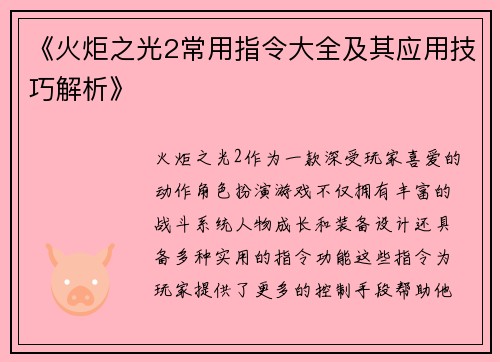 《火炬之光2常用指令大全及其应用技巧解析》